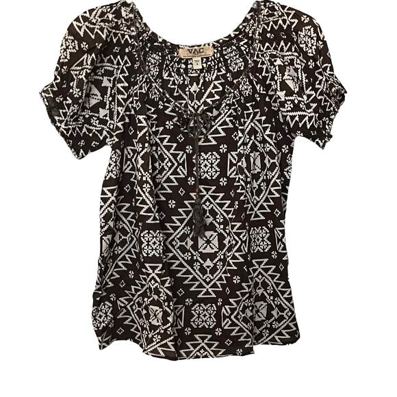 NINE WEST VINTAGE AMERICA V.A.C. SHORT SLV PULL-OVER BLOUSE, WOMENS, S-BRN/WHITE - Picture 1 of 12